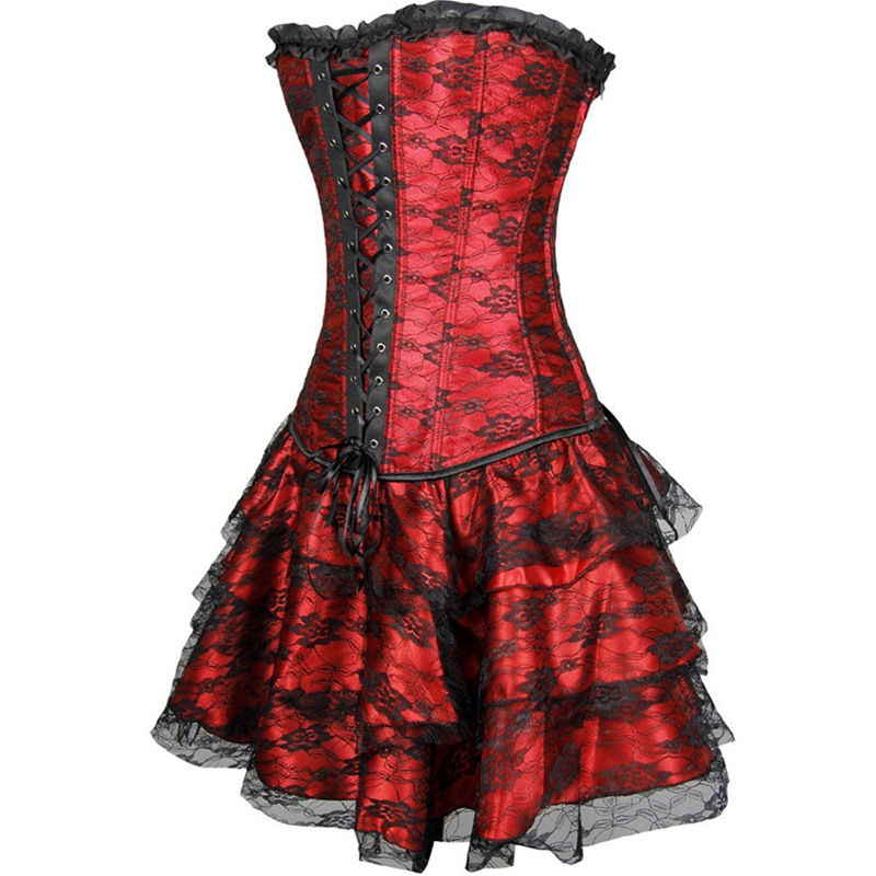 F3243-4 Red Women Layered Lace Up Bone Corsets Floral Corset